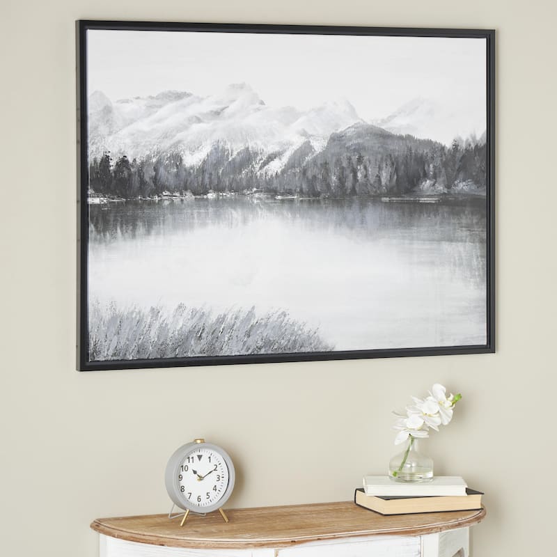 Canvas Landscape Neutral Toned Lake Living Room Framed Wall Art with Black Frame - Gray - Roche River Decor
