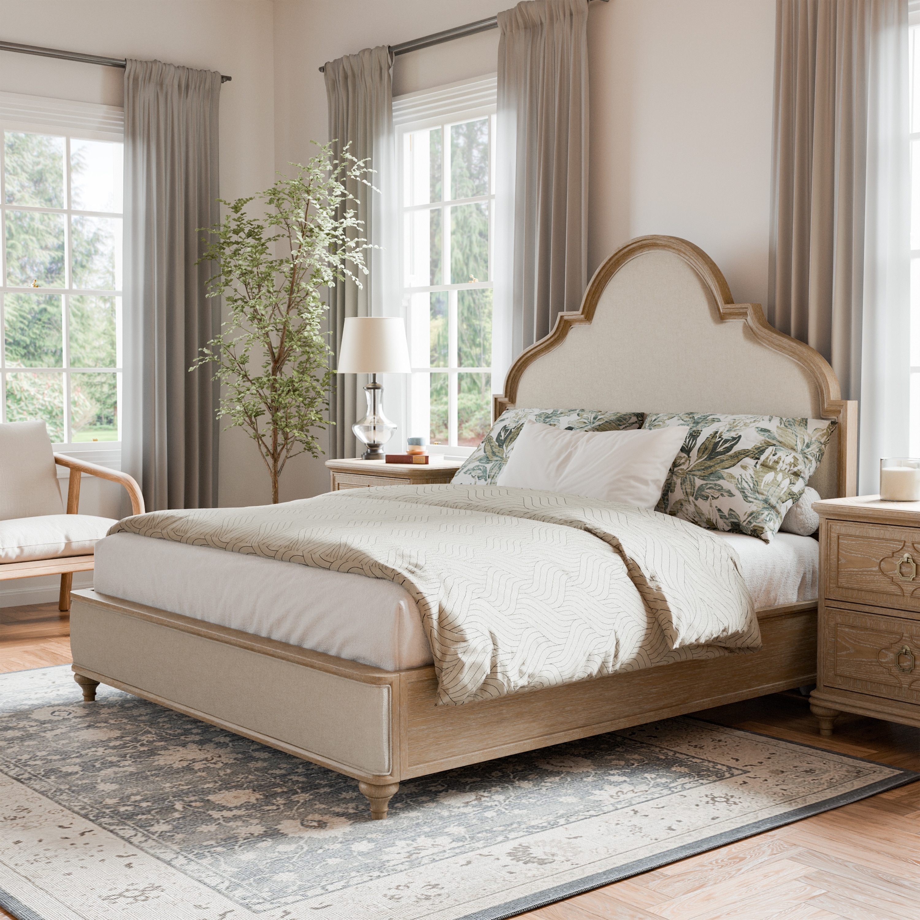 Furniture of America Aveline Modern Rustic Oak Solid Wood Fabric Upholstered Panel Bed