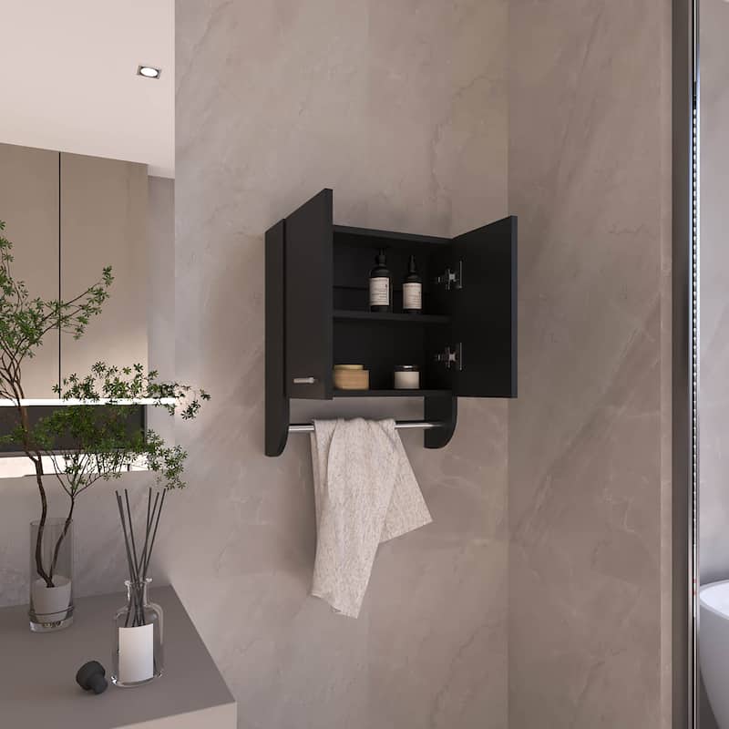 Medicine Cabinet with Two Interior Shelves and Integrated Towel Holder for Bathroom, Kitchen, or Mudroom