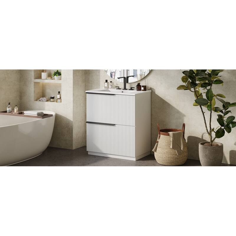 Fluted Bathroom Vanity with Ceramic Sink, Freestanding Vanities Set, Bathroom Storage Cabinet with Full-Extension Drawers