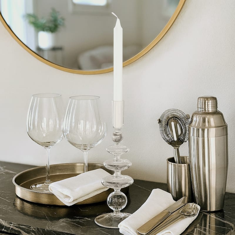 Sculptural Glass Candle Holder with Rounded Accent Base - Modern Tabletop Candle Holder for Any Room - 4" x 4" x 11" - Clear