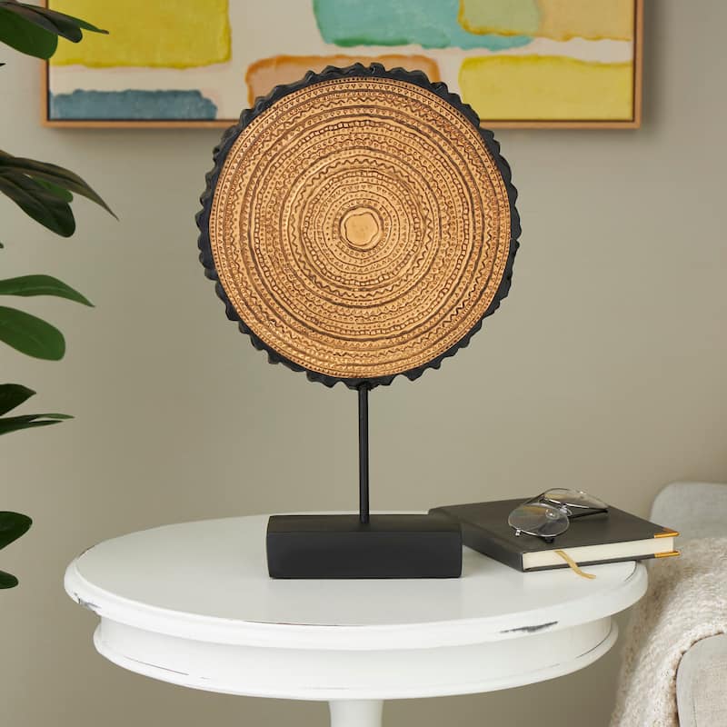 Metal Tribal Carved Circular Sculpture with Black Stand and Wavy Edge - Brown - Roche River Decor - 3"W x 11"L x 17"H