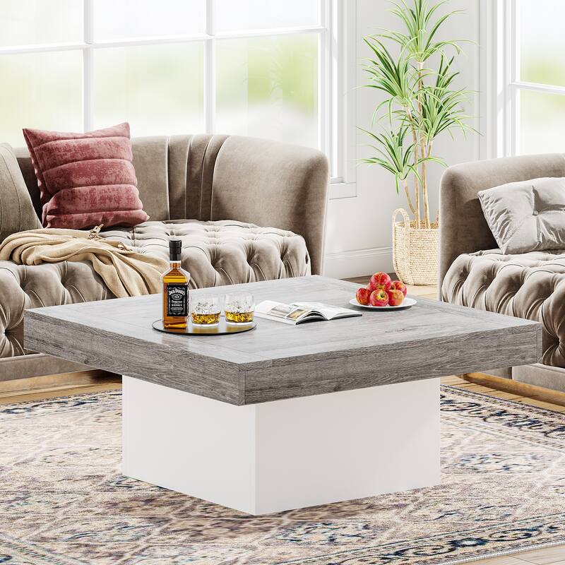 Farmhouse Coffee Table Square LED Coffee Table Engineered wood Coffee Table for Living Room - Grey+White