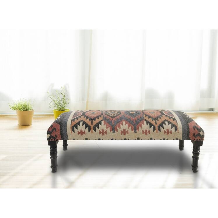 HomeRoots 47" Beige Brown and Rust and Black Jute and Wool Blend Upholstered Southwest Distressed Bench - 47 x 18 x 16
