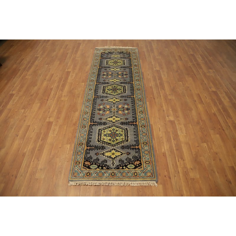 Hand Knotted Oriental 100% Wool Carpet Traditional Geometric Greys & Charcoal Viss Runner Rug - 7' 9'' X 2' 7''