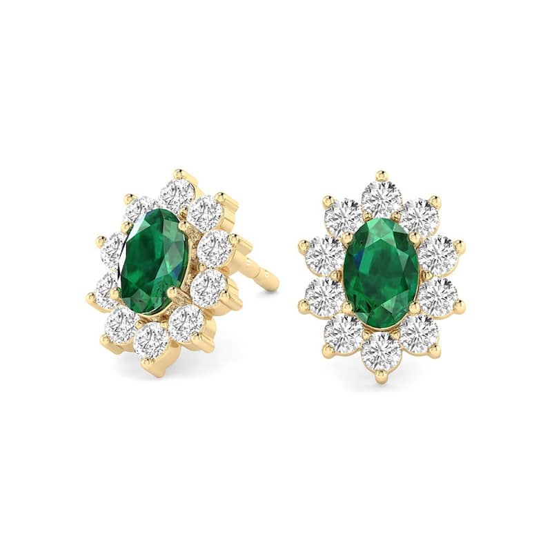 Marquee Oval Shape Emerald and Diamond Flower Earrings in 14K Yellow Gold