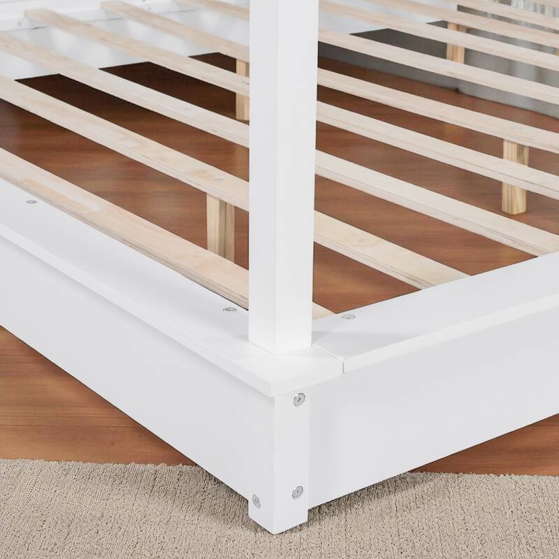 Queen/King White Wood Canopy Platform Bed with LED Lights and Slats, Modern Bedroom Frame No Box Spring Needed
