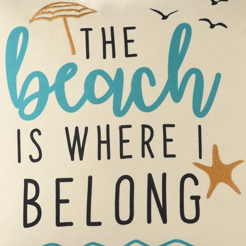 Beach Printed Square Throw Pillow with Pom-Pom - 18" - Beige and Orange