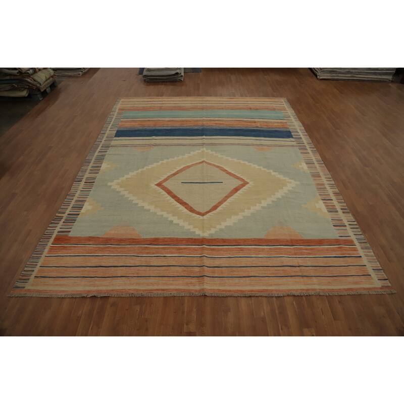 Hand Woven Oriental 100% Wool Carpet Southwestern Tribal Beige & Ivories Kilim Area Rug - 12' 10'' X 9' 10''