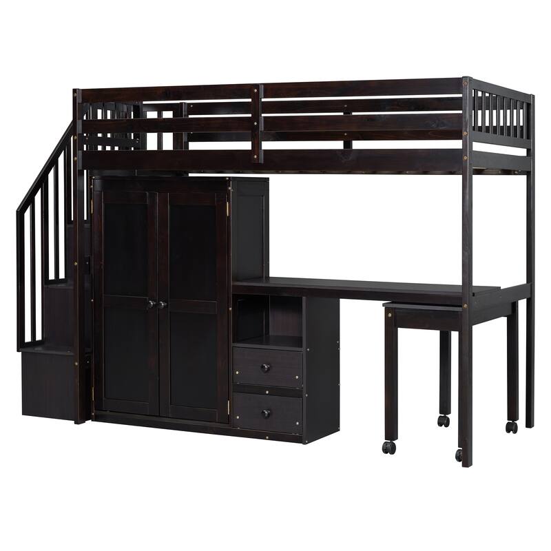 Space-Saving Twin Loft Bed with Stairs, Bookshelf, Drawers, Desk & Wardrobe for Kids & Teens