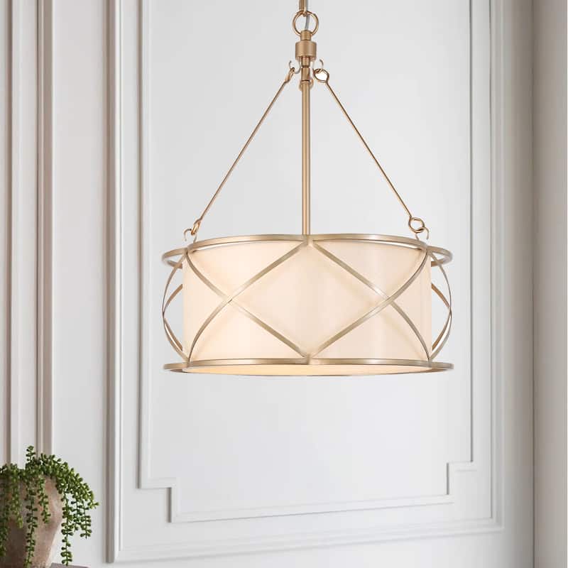 Modern Farmhouse 3-light Gold Chandelier Classic Drum Lantern Metal Ceiling Light with Fabric Shade - D15.5"x H 80"