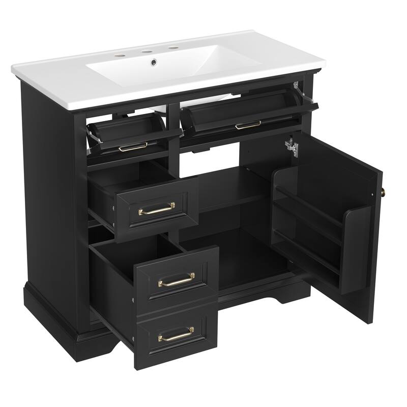 36-Inch Bathroom Vanity with Ceramic Sink Top, 4 Drawers and 1 Soft-Close Door, Freestanding Storage Cabinet with Metal Handles