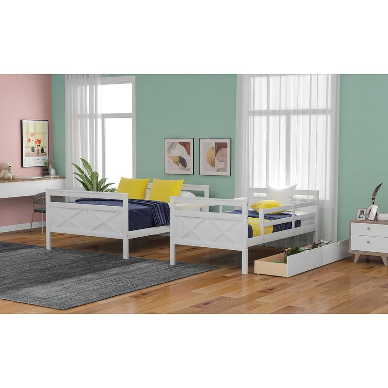 Twin over Full Bunk Bed with Ladder, Two Storage Drawers, Safety Guardrail