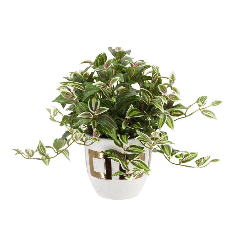 Faux Wandering Jew Plant in Gold/ White Ceramic Vase - 16"