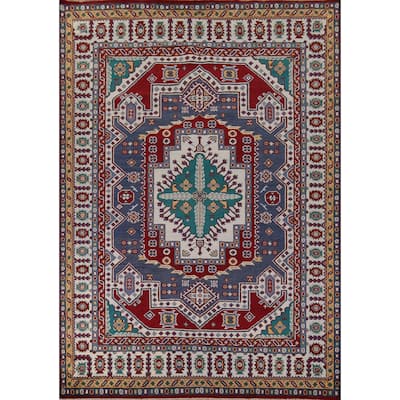 Geometric Kazak Area Rug Hand-Knotted Blue Oriental Wool Carpet - 8'10" x 11'8"