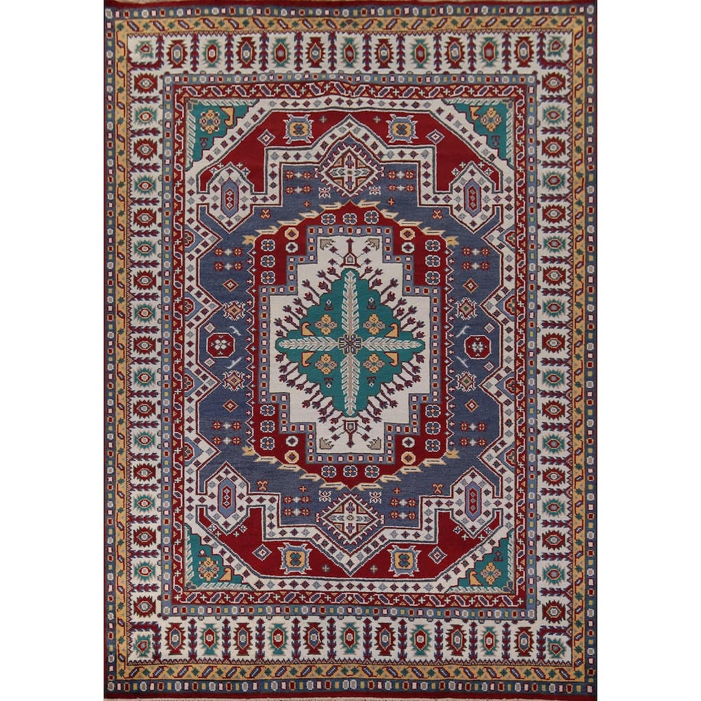 Geometric Kazak Area Rug Hand-Knotted Blue Oriental Wool Carpet - 8'10" x 11'8"