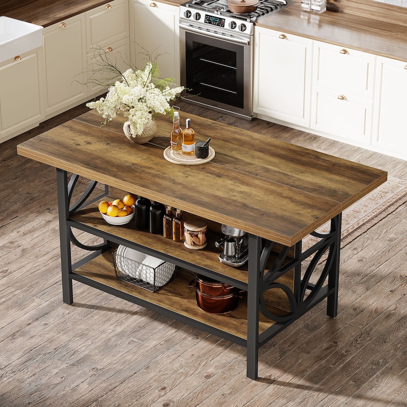 63'' Industrial Kitchen Island Bar Table with Open Storage Shelves