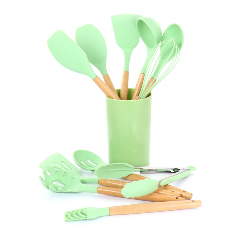 MegaChef 12 Piece Mint Green Silicone and Wood Kitchen Utensil Set