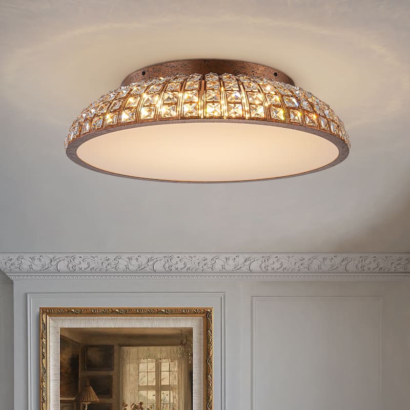 Retro French 38.6" W Antique Brass Linear Rectangle Crystal LED Flush Mount Ceiling Light - Oval - 21.7" W × 21.7" D