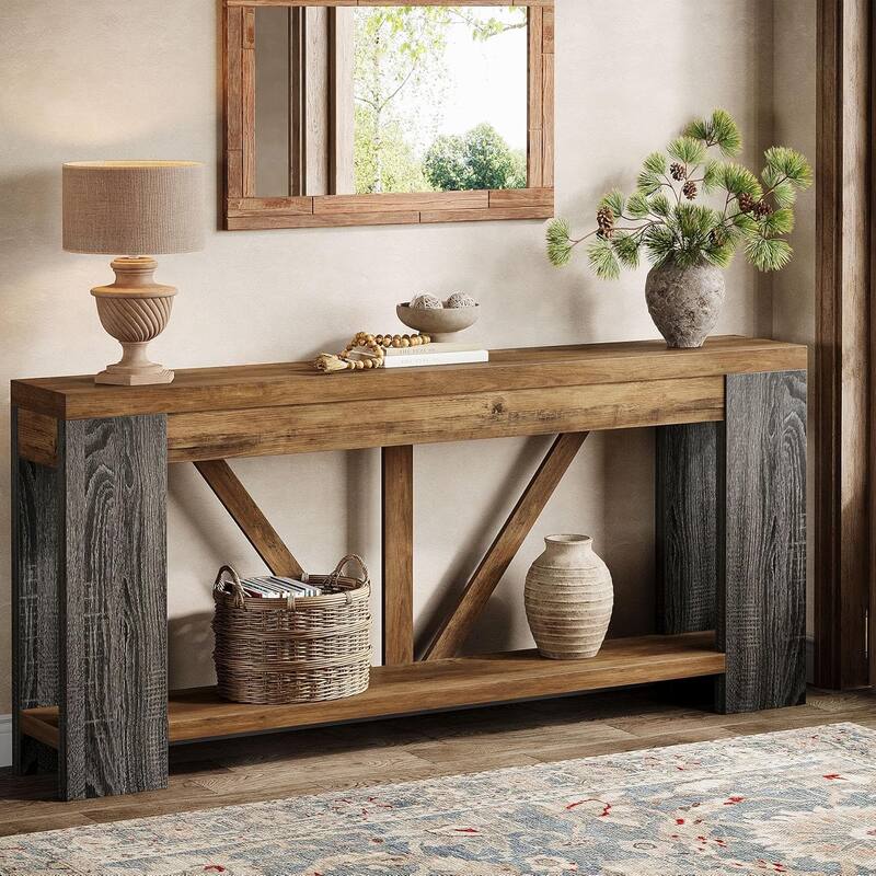 70.9 Inches Brown Engineered Wood Console Table, 2-Tier Behind Couch Sofa Table for Living Room - Black&Brown