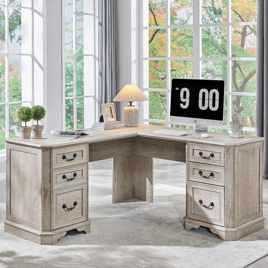 Farmhouse Executive L Shaped Desk, Wood Computer Corner Desk for Work
