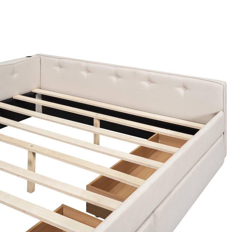 Modern Upholstered Full Queen Platform Bed Frame with USB Ports, 2 Storage Drawers, and No Box Spring Needed, Daybed Sofa Bed