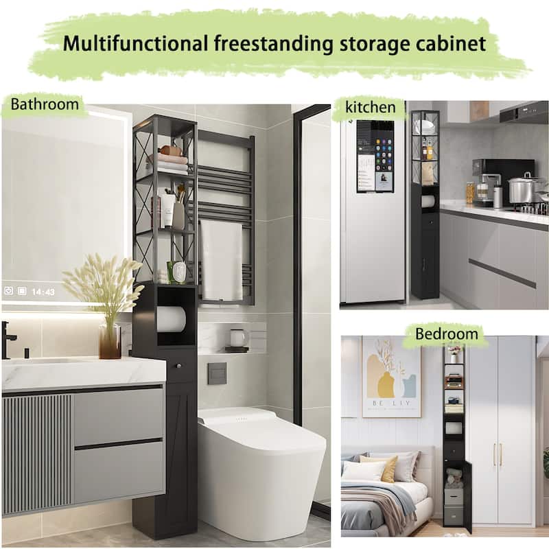 Javlergo Tall Bathroom Cabinet, Narrow Slim Storage Cabinet with Toilet Paper Holder and Drawer For Small Spaces