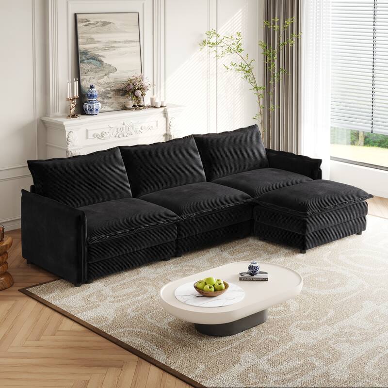 Living Room Cloud Sofa with Ottoman Chaise, 3-seater Upholstered Sectional Couch Corduroy Daybed Deep-seat Recliner Sofas