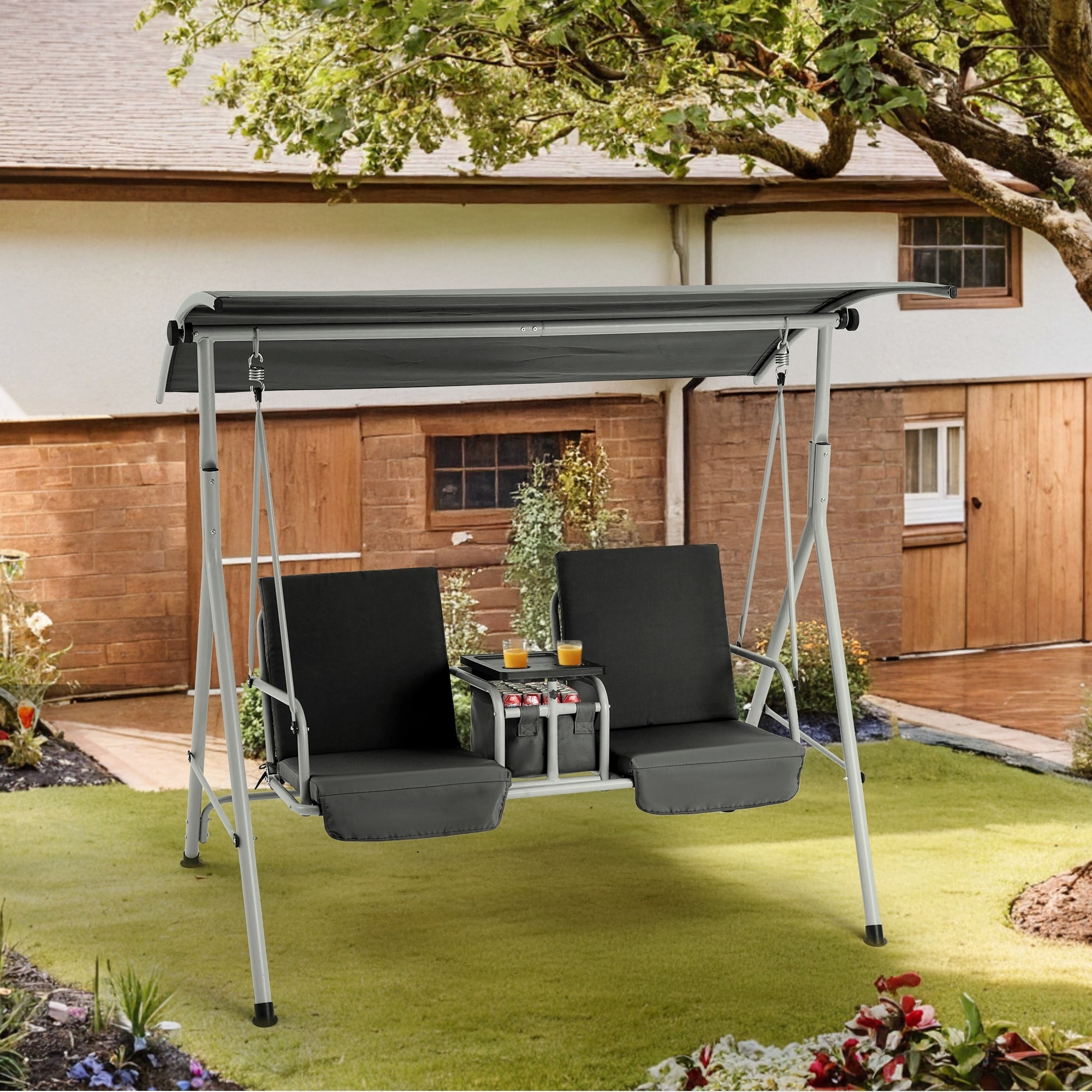 Outdoor Porch Swing with Stand, 2 Person Swing with Canopy, Pivot Storage Table, 2 Cup Holders, Cushions for Patio, Backyard