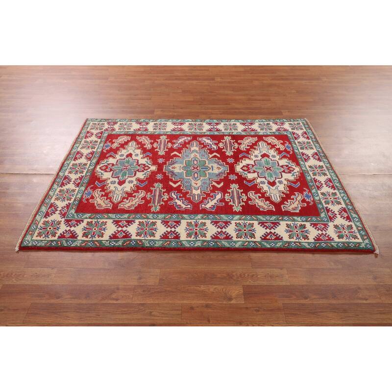 Red Kazak Area Rug Hand-Knotted Oriental Wool Carpet - 4'1" x 5'6"