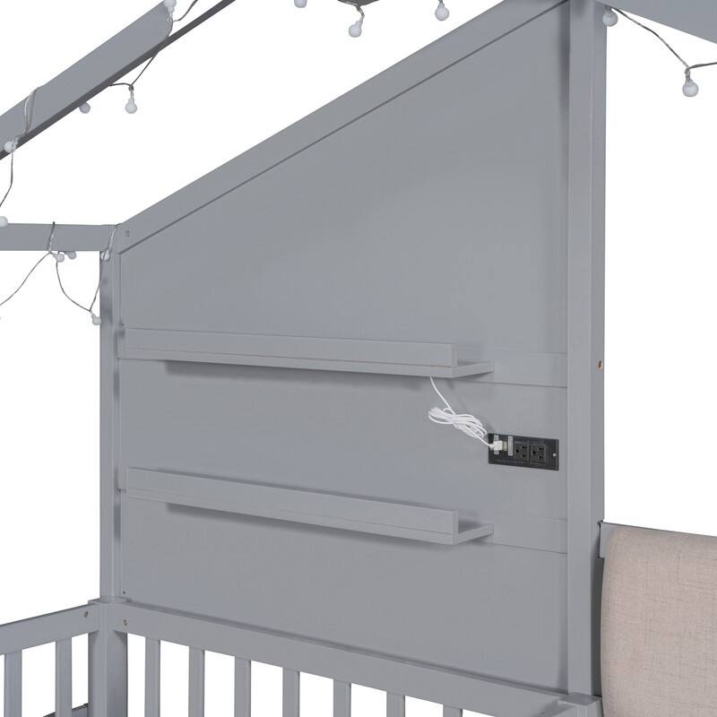 Twin Size House Bed with Upholstered Sofa,Charging Station,Wireless Charging,Shelves and 2 Drawers