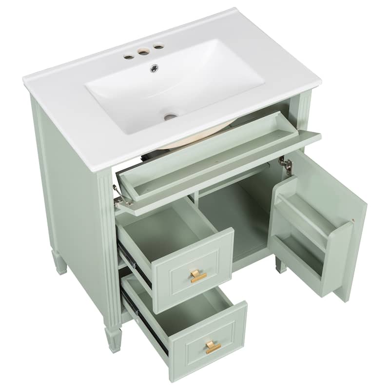 GDFStudio - Avalon 30-Inch Freestanding Bathroom Vanity with Ceramic Sink, Flip Drawer, Solid Wood & MDF Board