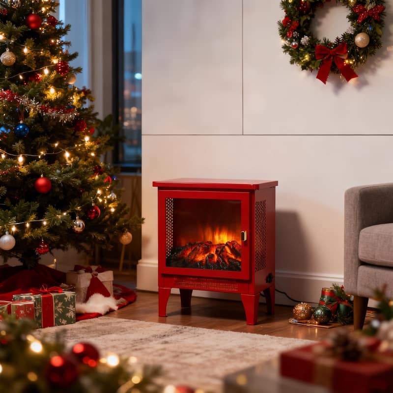 17 inch Freestanding Electric Fireplace Stove heater with 3D Flame effect,Classic Red