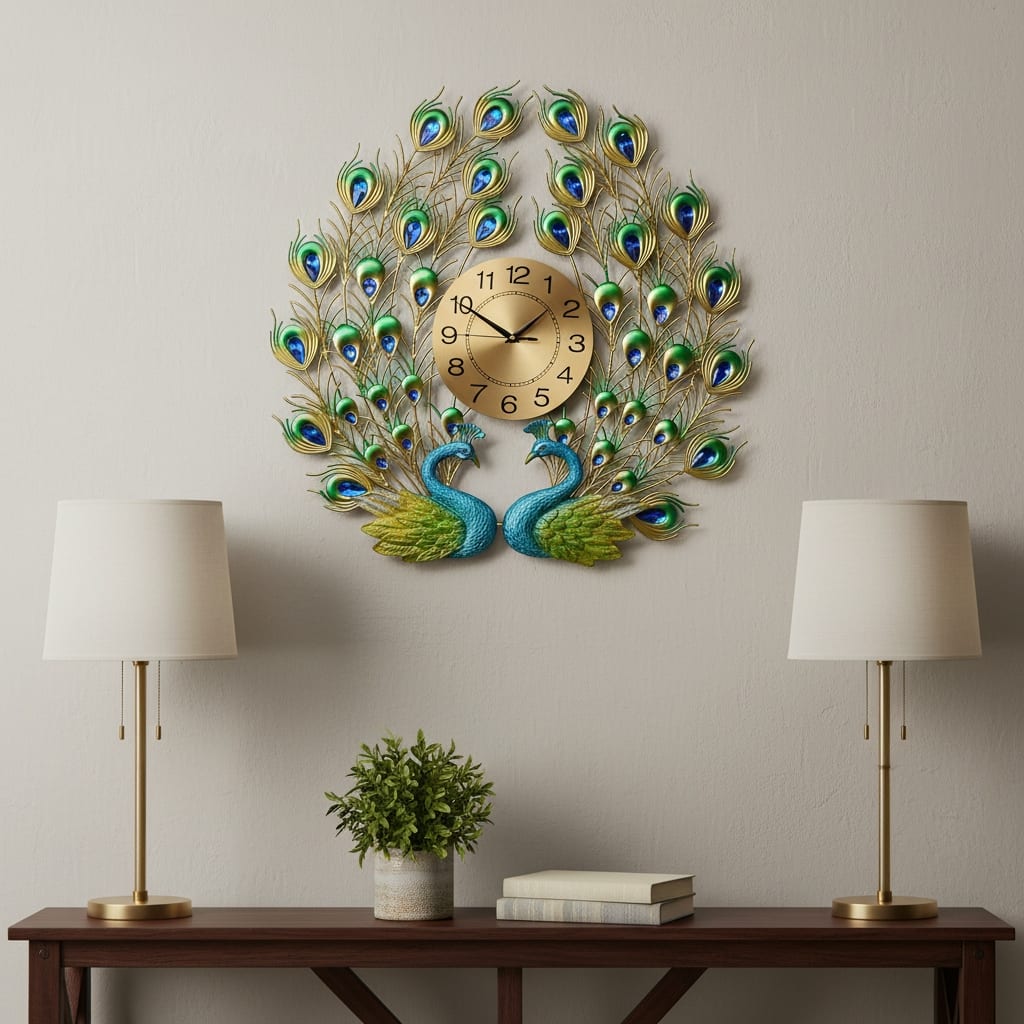 HomeRoots 25" Blue Green And Gold Metal Silent Analog Peacock Novelty Wall Clock - 25.00 in. x 26.00 in. x 2.00 in.