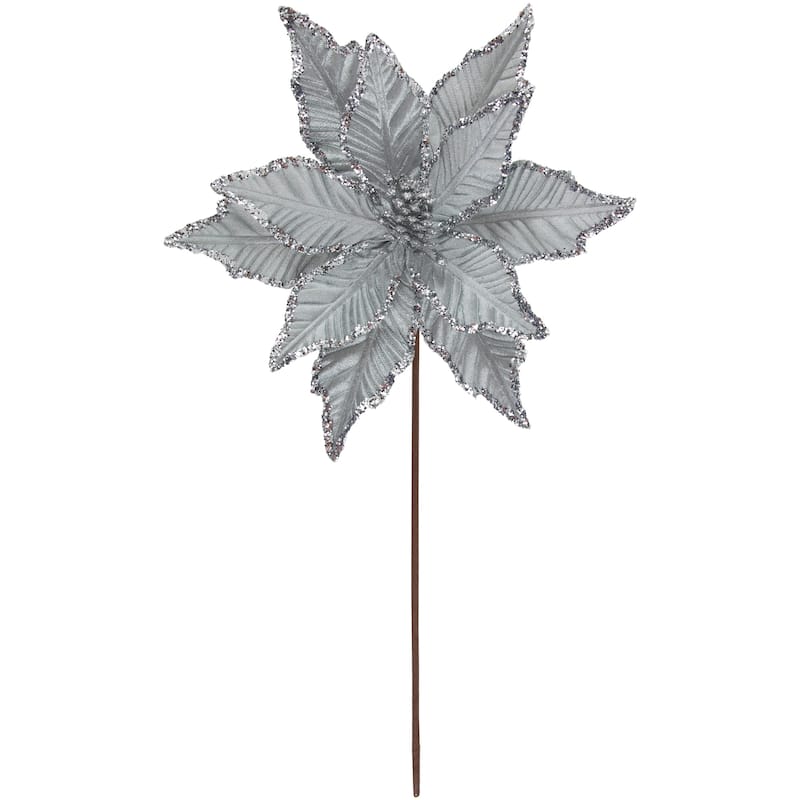25" Glittered Silver Poinsettia Christmas Floral Pick - 25
