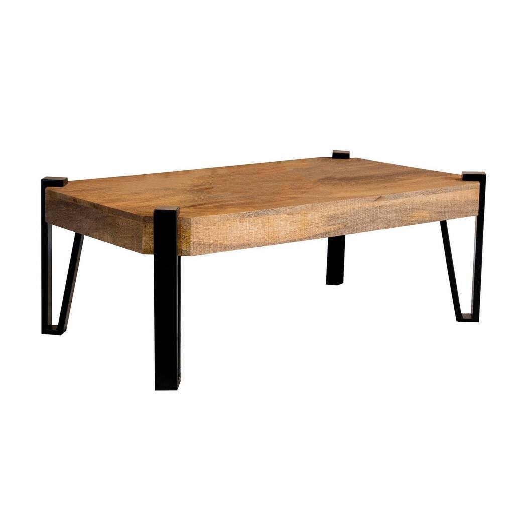 Eely 50 Inch Rectangular Coffee Table, Brown Wood Top, Black Hairpin Base