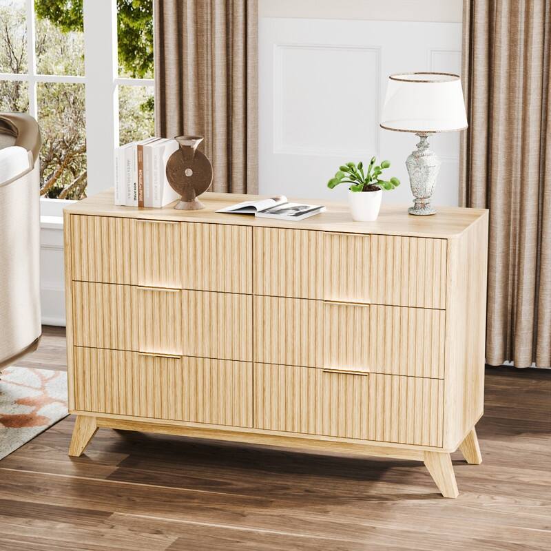 Oak Finish 6-Drawer Double Dresser Grid Chest P2 Particleboard+MDF With Melamine&Vacuum Forming 47.22"W
