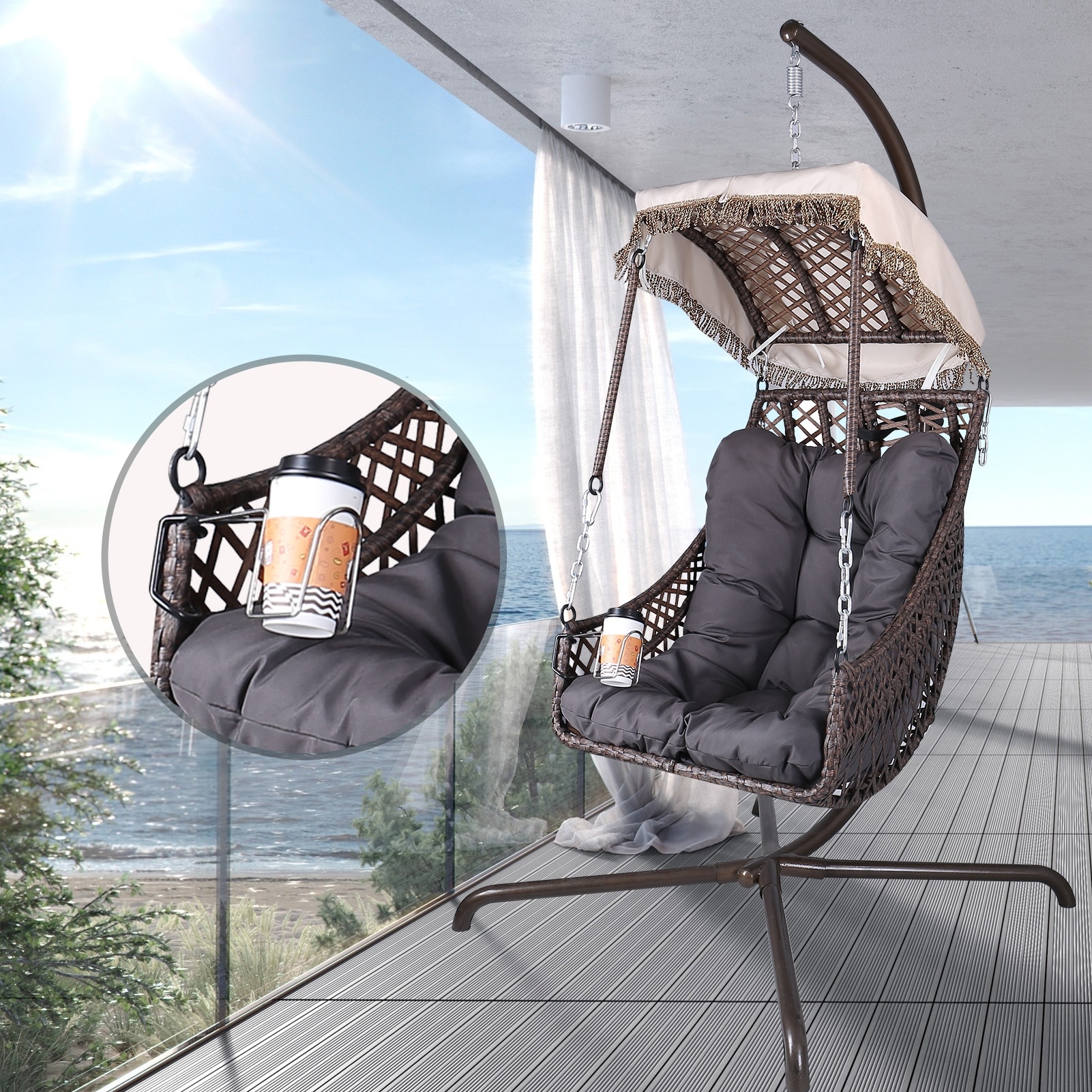 Swing Egg Chair with Stand Indoor Outdoor, Wicker Rattan Frame