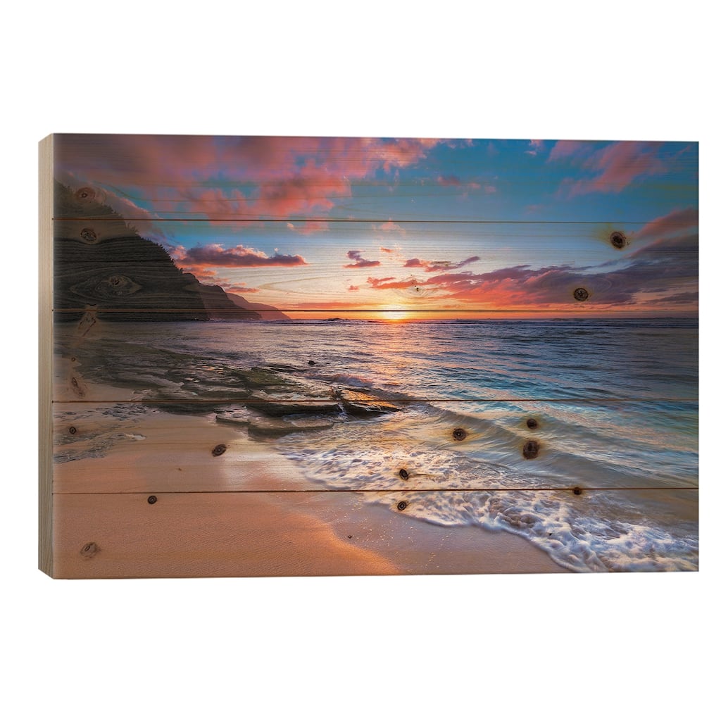 Sunset over the Na Pali Coast from Ke'e Beach, Haena State Park, Kauai, Hawaii, USA I Print On Wood by Russ Bishop - Multi-Color