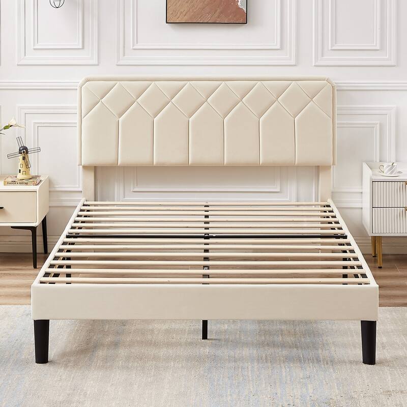 VECELO Upholstered Bed Frame with Adjustable Height Headboard, Twin/Full/Queen Size Beds, Beige