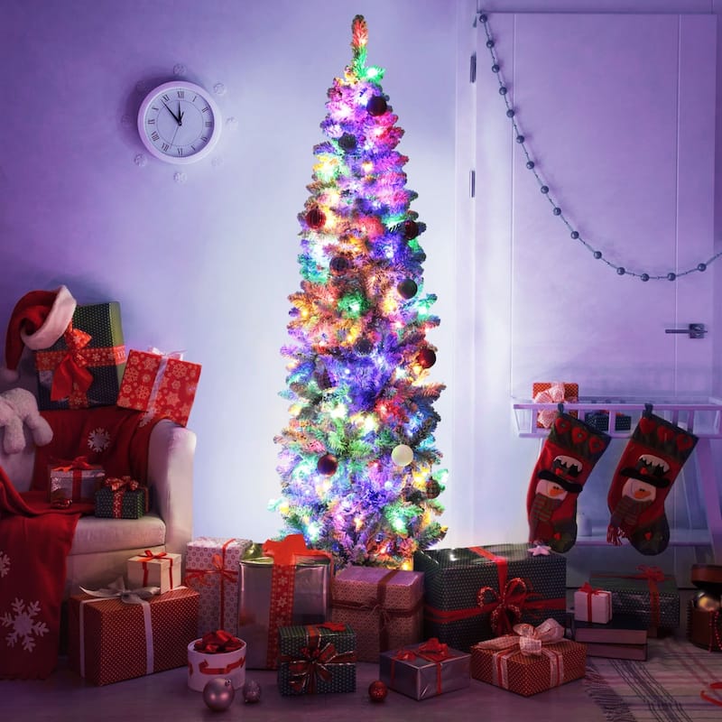 VEIKOUS Pre-Lit Artificial Christmas Tree Pencil Snow with Foldable Iron Stand with LED lights, 5.5/6.5/7.5 ft