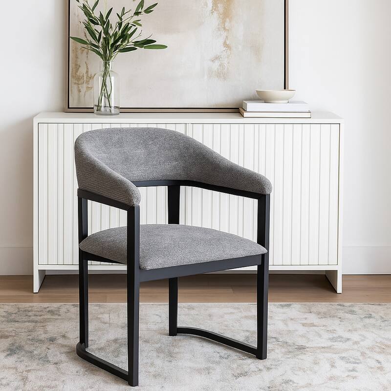 Cid Mary Dining Chair, Gray Fabric, Curved Black Solid Rubberwood Frame
