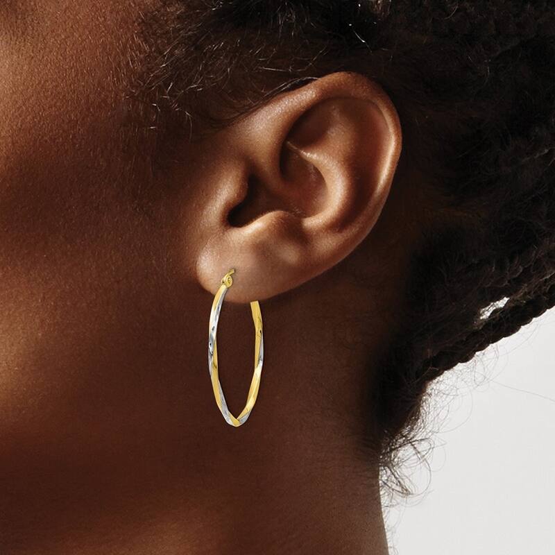 10k Two-tone Gold Swirl Oval Long Hoop Earrings - White