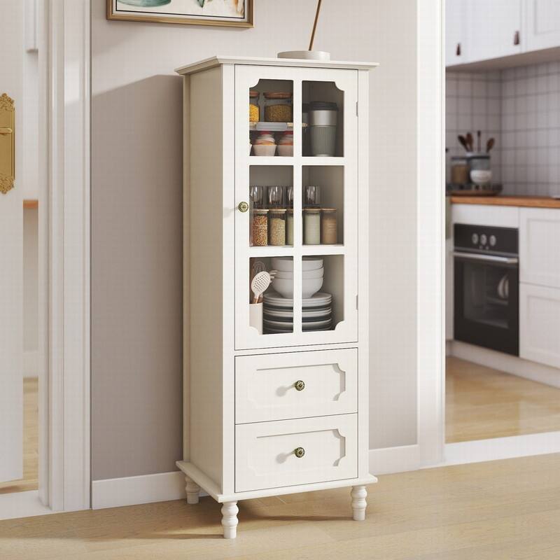 Modern 52.36" Wooden Buffet Cabinet with Glass Doors and Double Drawer for Living room, Dining Room Hallway Entryway