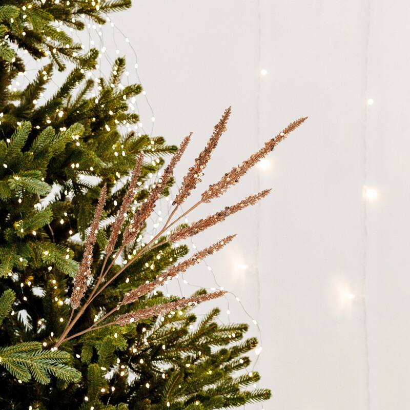 Glitter Sequin Artificial Leaf Sprigs Christmas Spray 34" Rose Gold