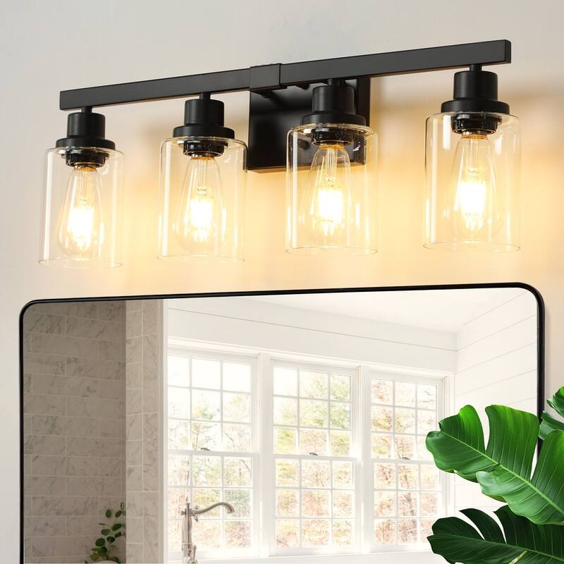 Bathroom Vanity Light With Clear Glass Shades For Vanity Mirror, Bathroom, Or Hallway - 4-Lights - Black