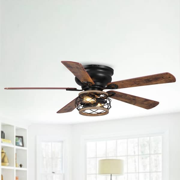 slide 2 of 19, 48" Antique Wooden 5-Blade Black Flush Mount Ceiling Fan with Light Rustic Brown/ Dark Brown