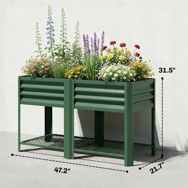 Outsunny Galvanized Steel Raised Garden Bed with Storage Shelf and Bed Liner, Elevated Planter Box with Legs