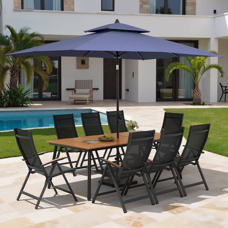 11PC Outdoor Patio Dining Set Aluminum Table with Folding Armchairs w/ Premium Market Umbrella Sets - BrownTable&BlackChairs&NavyBlueUmbrella