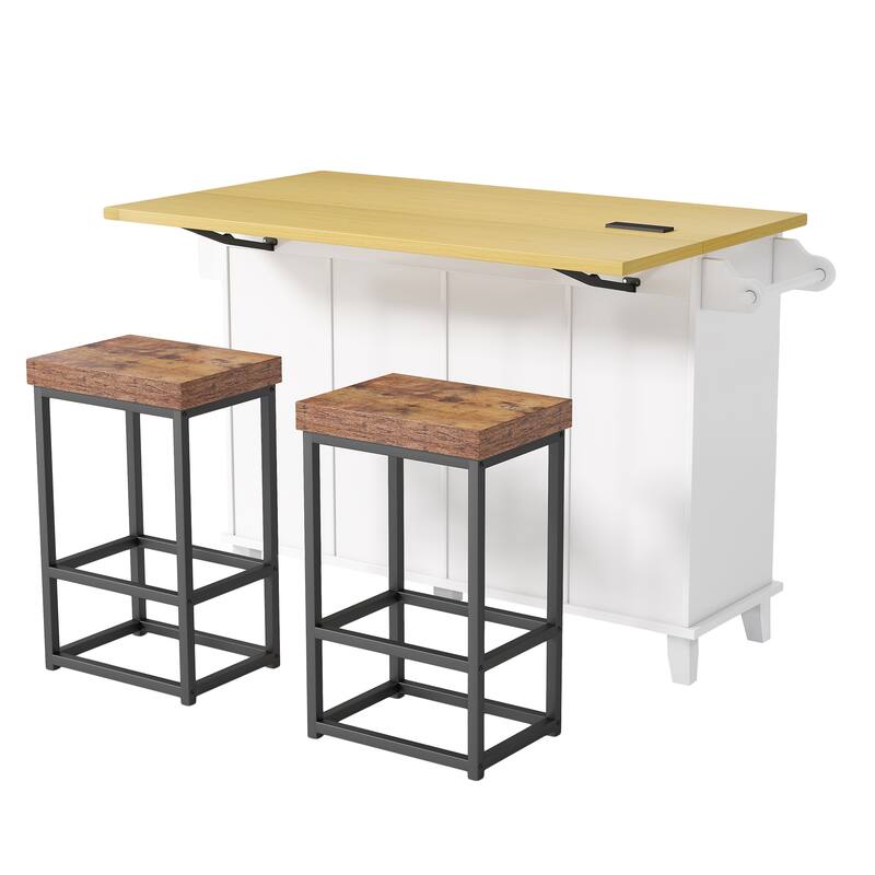 Roomfitters Farmhouse Kitchen Island Cart with Drop Leaf and 2 Stools, Power Outlet and Storage